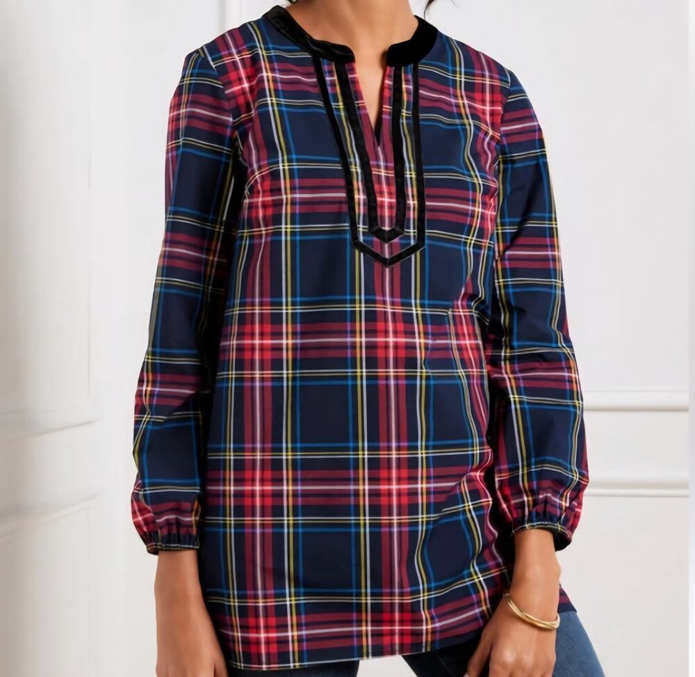 Talbots Plaid Velvet Trim Split Neck Tunic Top size M navy multi classic career
